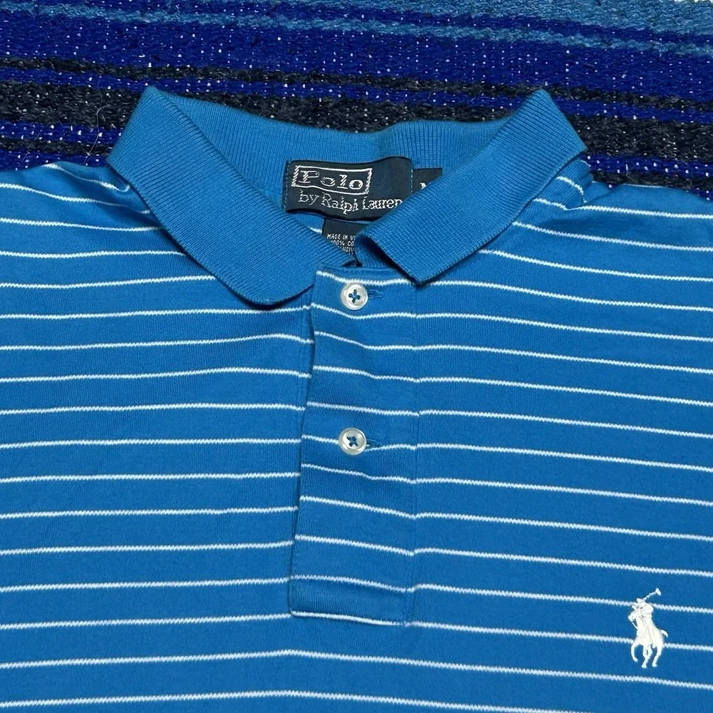 Y2K Polo Ralph Lauren Polo Shirt Mens M Blue Stripe Pony Cotton Golf Preppy